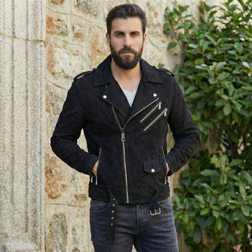Black Suede Leather Biker Jacket with Adjustable Waist Belt by Brune & Bareskin