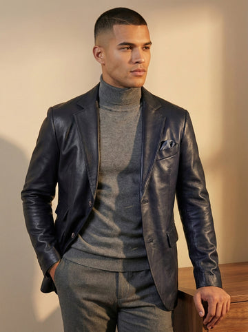 Navy Blue Formal Leather Blazer with Dual-Layer Back Design