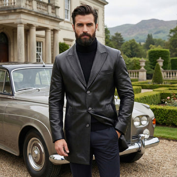 Premium Black Leather Long Jacket with Shirt-Style Collar