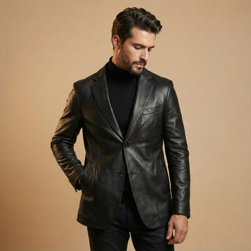 Men’s Luxury Black Pleated Leather Formal Blazer
