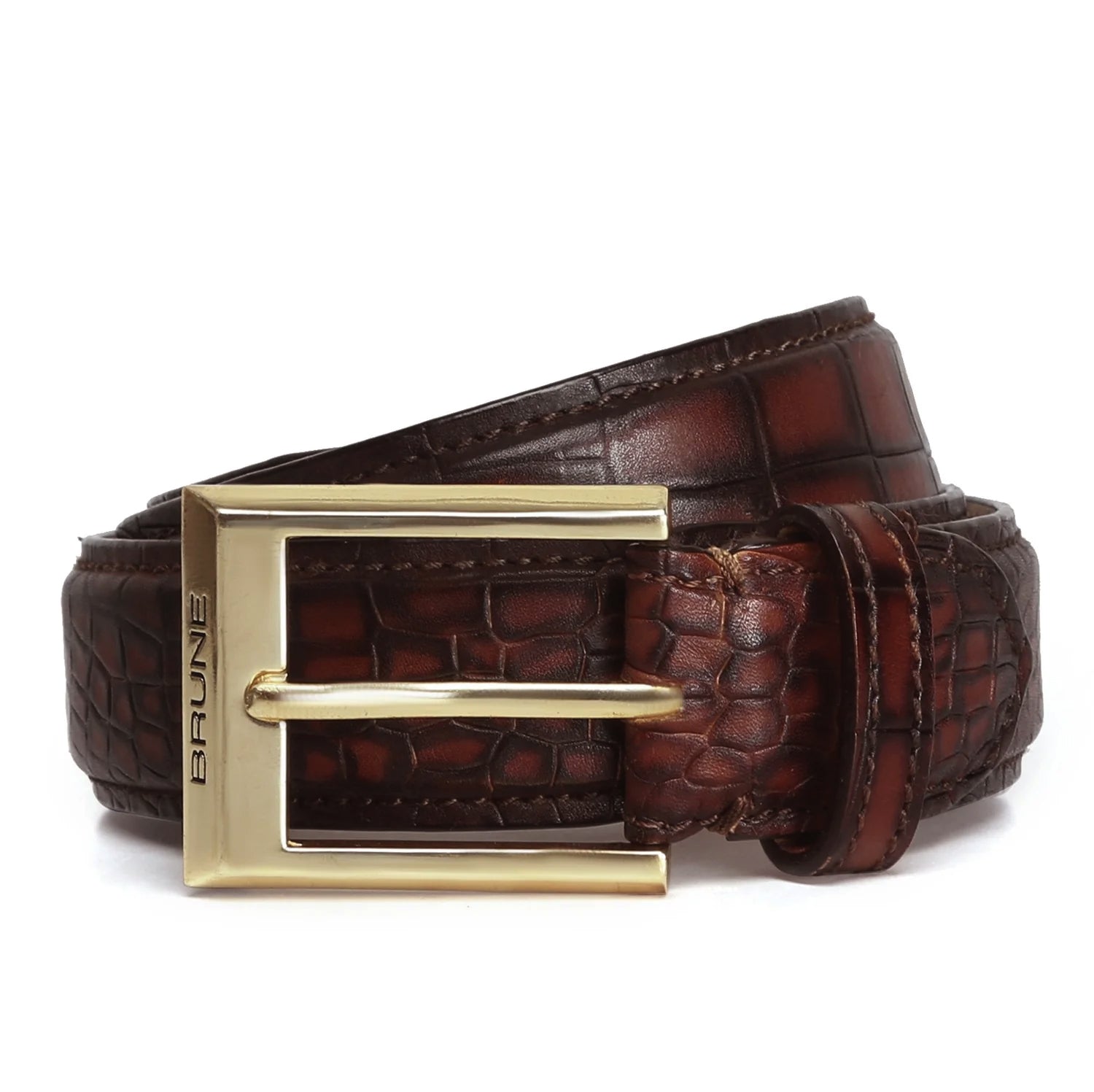 Smokey Finish Men's Belt in Croco textured Leather with Golden Square Buckle