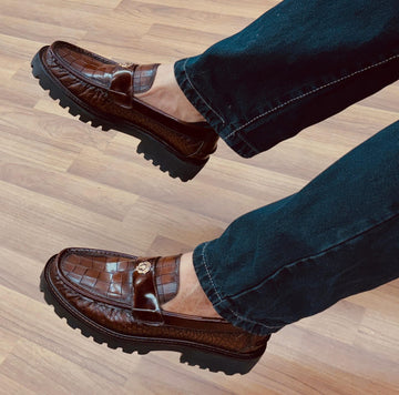 Brown brush off chunky sole loafers in croco leather by brune and bareskin