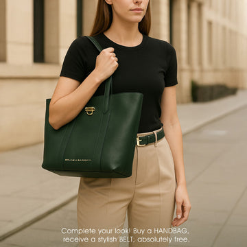 Classic Charm Green Leather Handbag with Clasp Turn-Lock Closure