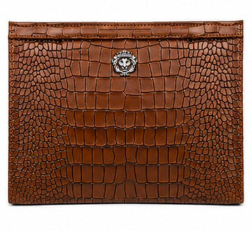 Tan Croco Embossed Leather Zip Clutch Bag with 3D Silver Lion Logo