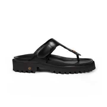 Midnight Black Leather Sliders with Chunky sole 3D Lion Logo