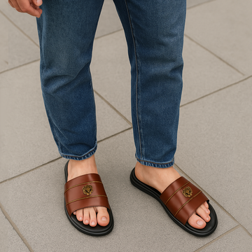 Brown Brush Off Leather Slide-In Slippers with Signature Metal Lion