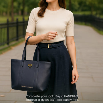 Classic Charm Blue Leather Handbag with Clasp Turn-Lock Closure (Free Matching Belt)