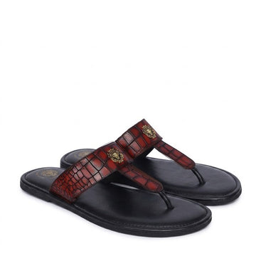 Cognac T- Strap Slippers in Deep Cut Croco Textured Leather