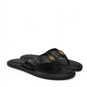 V-Strap Croco Embossed 3D Metal Lion Logo Slipper in Black Leather