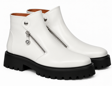 Dual Snap Light Weight Biker Boots with Button Zip Closure White Leather By Brune & Bareskin