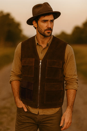 Handmade Elegant Dark Brown Suede Leather Multi-Pockets Vest