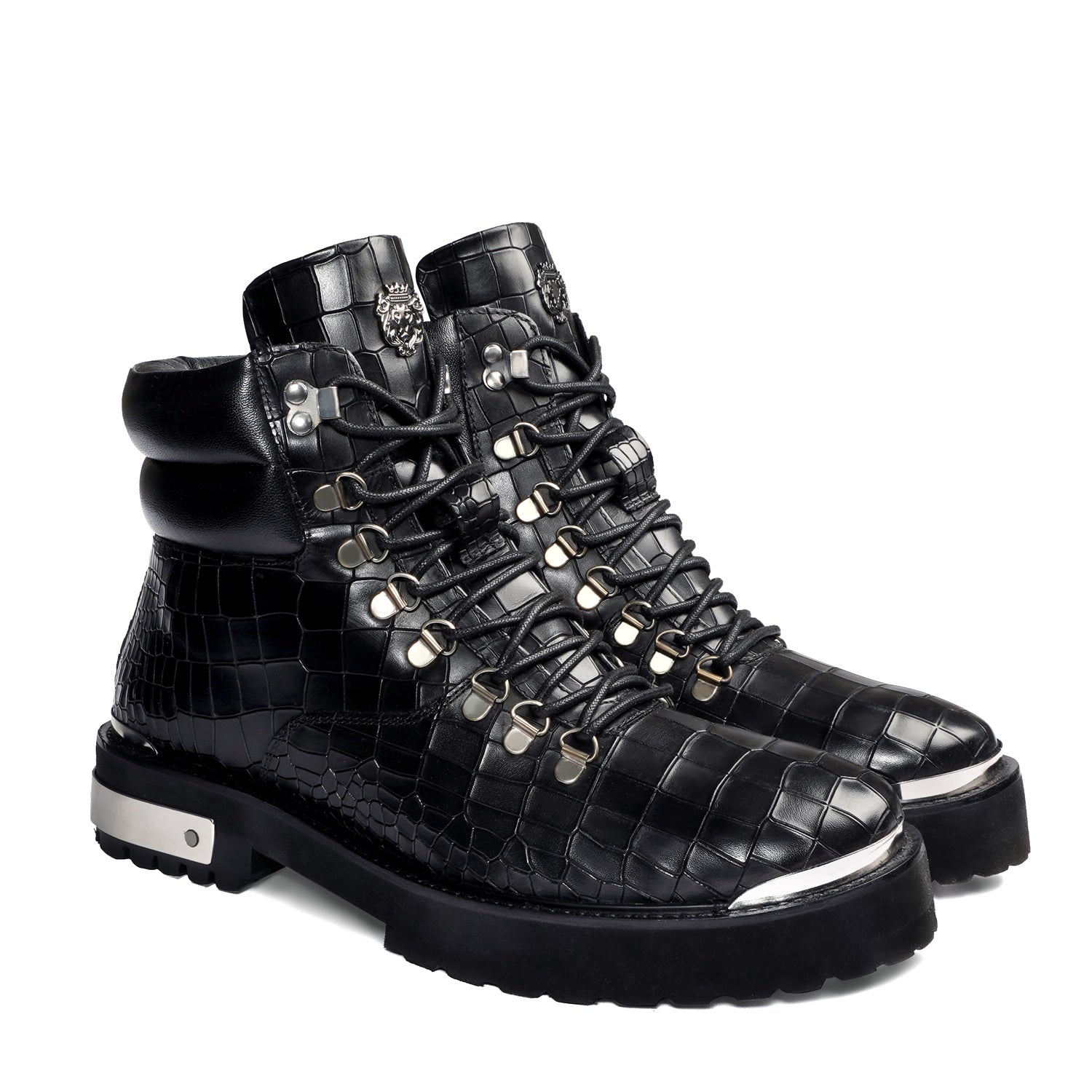 Metal Plate Black Lace-Up Chunky Boots in Croco Textured Leather with Zip Closure By Brune & Bareskin