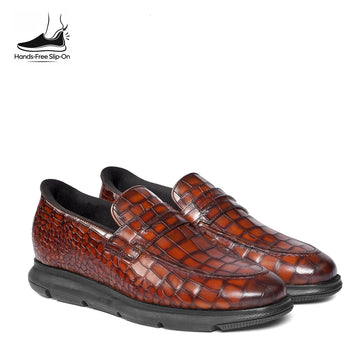 Hands-Free Smokey Tan Croco Embossed Leather Slip-In Loafers