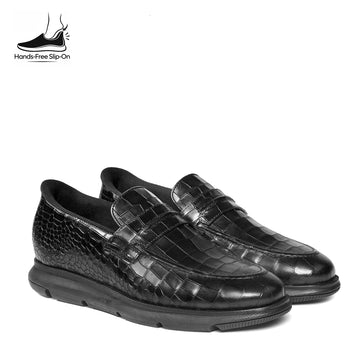 Hands-Free Smokey Black Croco Embossed Leather Slip-In Loafers
