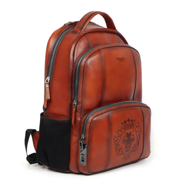 Fingerprint Scanner Lock Front Pocket Tan Leather Laptop Backpack