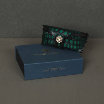 Deep Cut Smokey Green Leather Looped Closure Eyewear Glasses Cover With Metal Lion by Brune & Bareskin