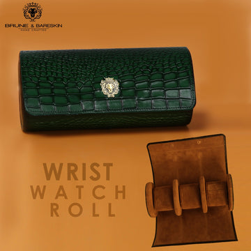 Metal lion Smokey Finish Green Croco Textured Leather Wrist Watch Roll