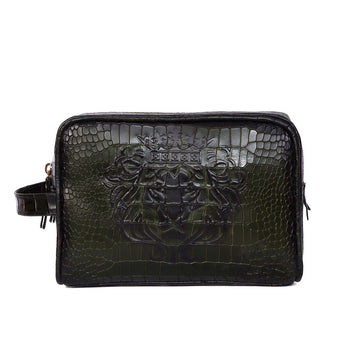Green Deep Cut Leather Toiletry / Travel Bag