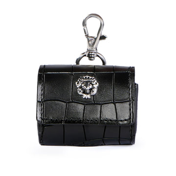 Flap-over Air-pods Pro Carrying Case in Black Croco Embossed Leather