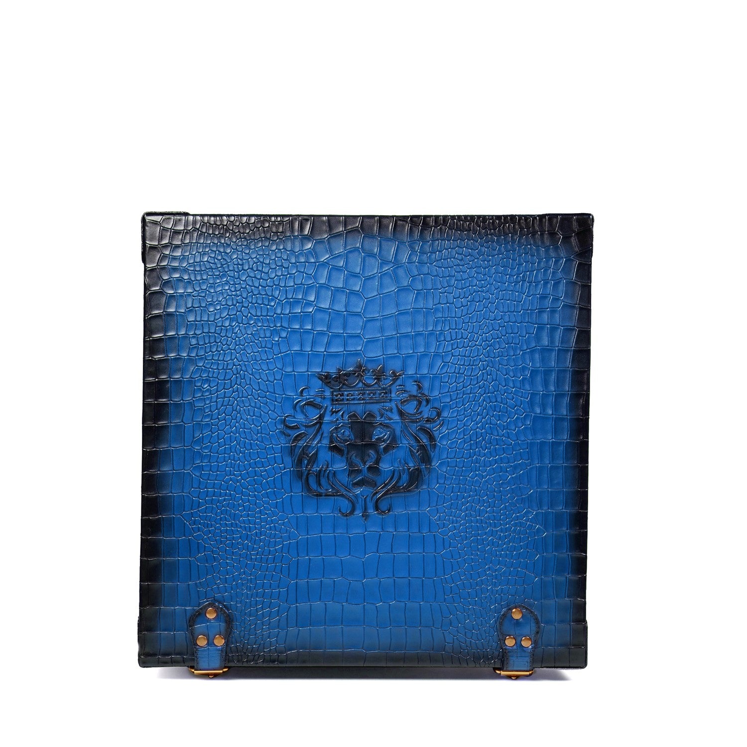 Deep Cut Croco Leather Shoe Case in Blue with Golden Detailing