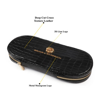 Black Deep Cut Croco Handcrafted 3D Lion Logo Slippers Pouch