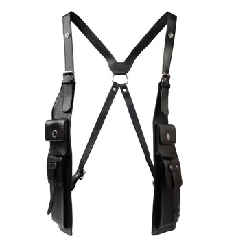 Black Textured Leather Utility Chest Harness Bag with Multi-Pocket Design
