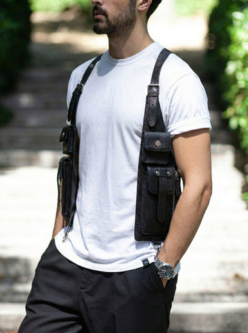 Black Textured Leather Utility Chest Harness Bag with Multi-Pocket Design