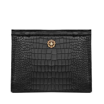 Black Croco Embossed Leather Zip Clutch Bag with 3D Golden Lion Logo