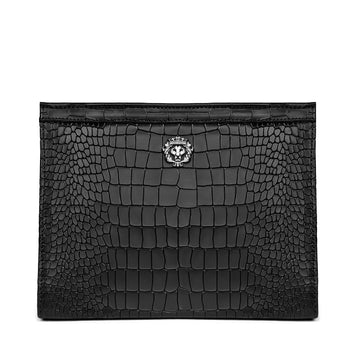 Black Croco Embossed Leather Zip Clutch Bag with 3D Silver Lion Logo