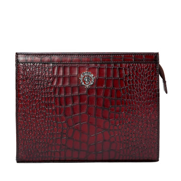 Fingerprint Touch Sensor Wine Croco Embossed Leather Handbag with 3D Silver Lion Logo