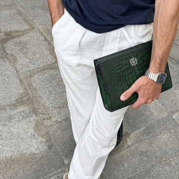 Smokey Green Croco Embossed Leather Fingerprint Security Handbag with 3D Silver Lion Logo