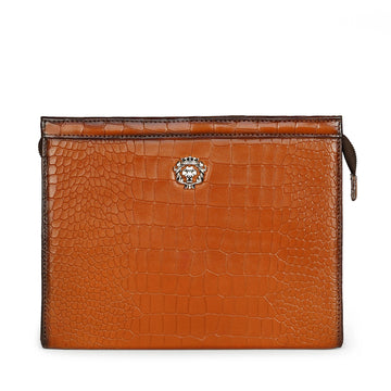 Tan Croco Embossed Leather Fingerprint Security Handbag with 3D Silver Lion Logo
