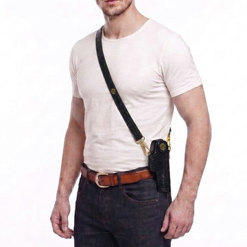 .45 Black Pistol Cover In Deep Cut Leather with Wide Adjustable Bullets Holder Strap