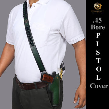 Adjustable Strap .45 Revolver Cover in Green Textured Leather With Bullets Holder