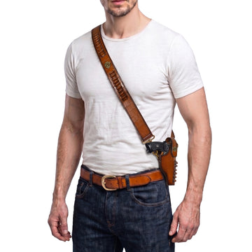 Tan .45 Pistol Cover In Deep Cut Leather with Wide Adjustable Bullets Holder Strap