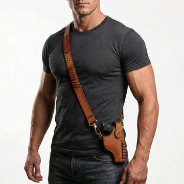 Adjustable Strap .45 Revolver Cover in Tan Textured Leather With Bullets Holder