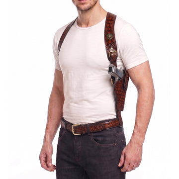 Single Shoulder Gun Holster Cover in Smokey Tan Deep Cut Croco Textured Leather (MTO)