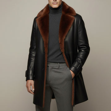 Furr Collar Leather Long Coat Jacket in Black Genuine Leather