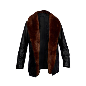 Furr Collar Leather Coat Jacket in Black Genuine Leather