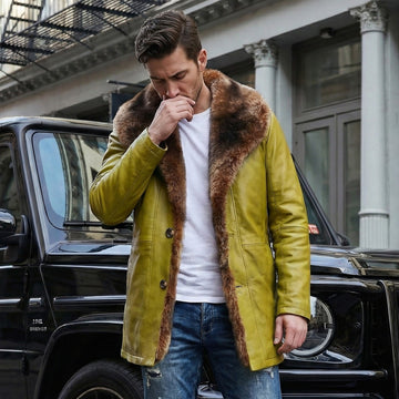 Furr Collar Leather Long Coat Jacket in Olive Green Leather