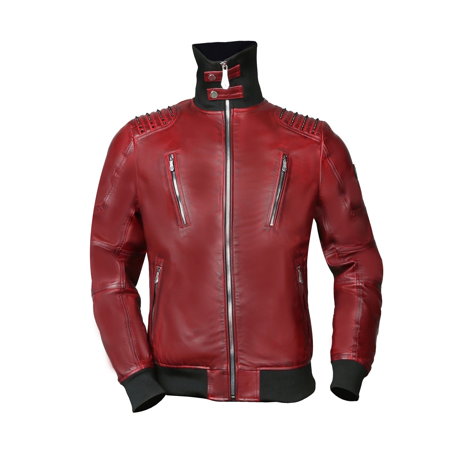 Black Studded Turtle Ribbed Collar Red Genuine Leather Jacket With Metal Lion Logo By Brune & Bareskin