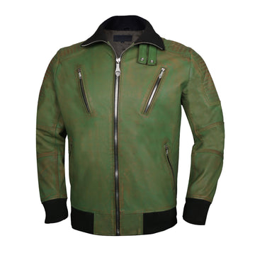 Turtle Ribbed Collar Jacket For Men in Green Rustic Genuine Leather By Brune & Bareskin