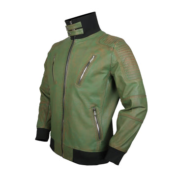 Turtle Ribbed Collar Jacket For Men in Green Rustic Genuine Leather By Brune & Bareskin