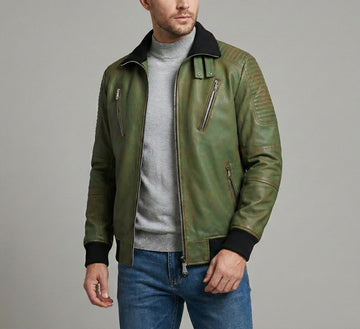 Turtle Ribbed Collar Jacket For Men in Green Rustic Genuine Leather By Brune & Bareskin