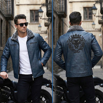 Zardosi Lion Fur Collar Front Zipper Pockets Blue Leather Jacket By Brune & Bareskin
