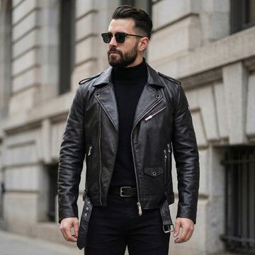 Black Leather Collar Biker Jacket with Adjustable Waist Belt