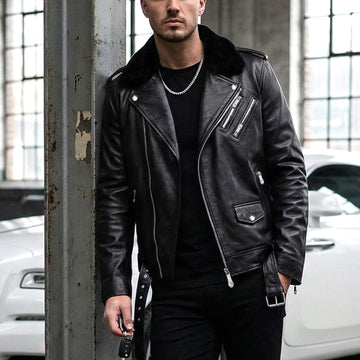 Black Leather Biker Jacket with Adjustable Waist Belt