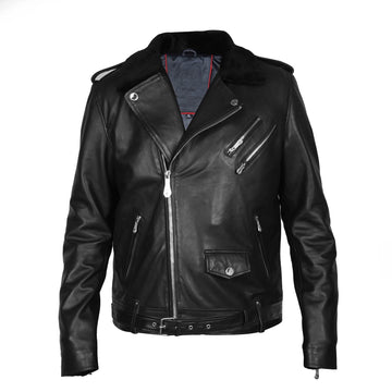 Black Leather Biker Jacket with Adjustable Waist Belt