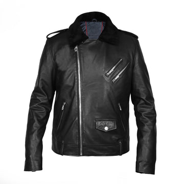 Italian Velvet Collar Black Genuine Leather Biker Jacket with Adjustable Waist Belt by Brune & Bareskin