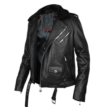 Black Leather Biker Jacket with Adjustable Waist Belt